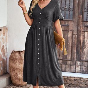 Drak grey Gathered Detail Buttoned V-Neck Midi Dress